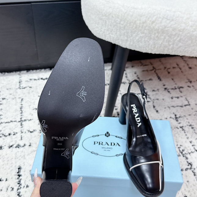 PRADA 26S SLINGBACK PUMPS 70MM IN BLACK SHINY CALFSKIN