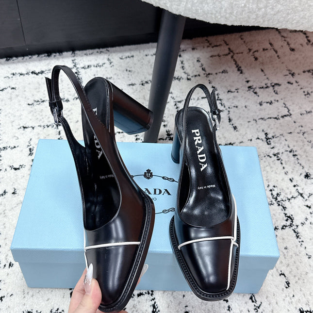PRADA 26S SLINGBACK PUMPS 70MM IN BLACK SHINY CALFSKIN