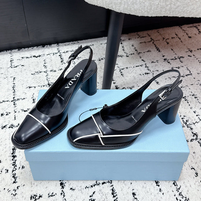 PRADA 26S SLINGBACK PUMPS 70MM IN BLACK SHINY CALFSKIN
