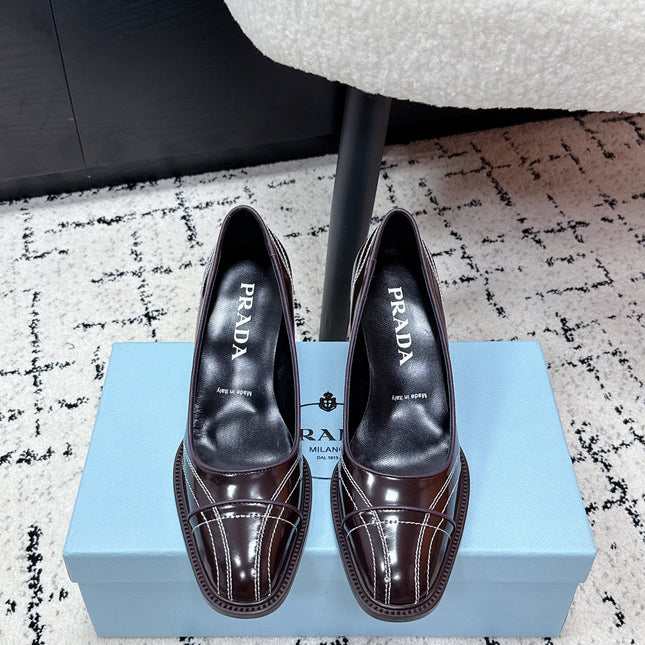 PRADA 26S BOWLING-STYLE HIGH HEELS 70MM IN DARK BROWN GLOSSY CALFSKIN