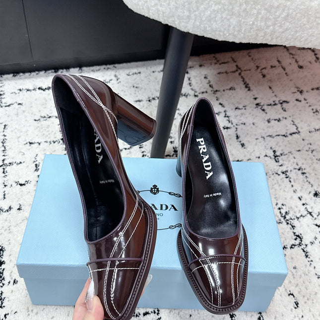 PRADA 26S BOWLING-STYLE HIGH HEELS 70MM IN DARK BROWN GLOSSY CALFSKIN