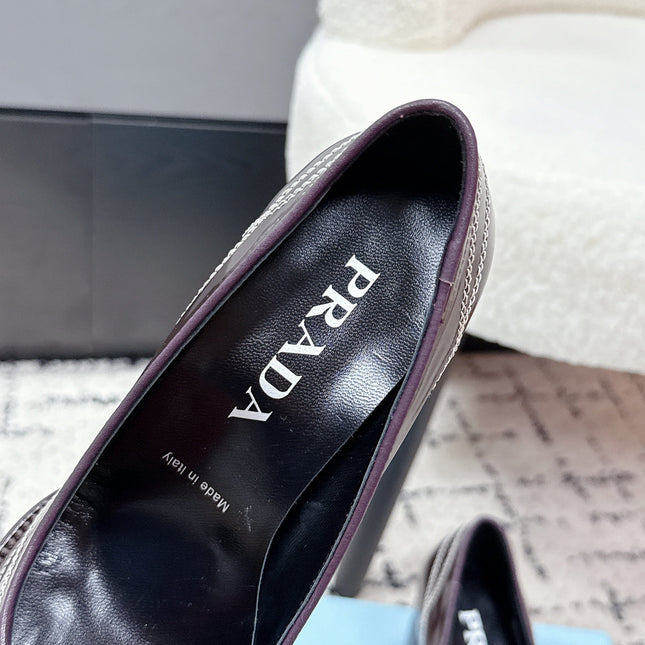PRADA 26S BOWLING-STYLE HIGH HEELS 70MM IN DARK BROWN GLOSSY CALFSKIN