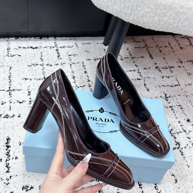 PRADA 26S BOWLING-STYLE HIGH HEELS 70MM IN DARK BROWN GLOSSY CALFSKIN