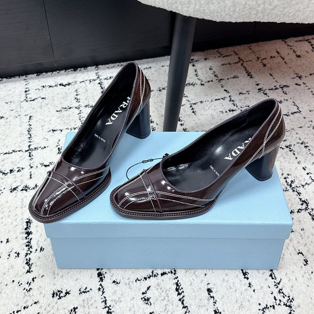PRADA 26S BOWLING-STYLE HIGH HEELS 70MM IN DARK BROWN GLOSSY CALFSKIN