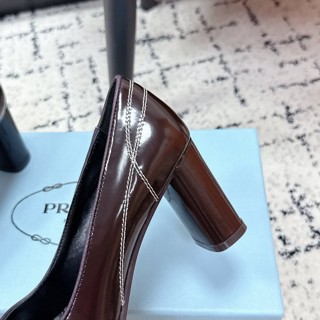 PRADA 26S BOWLING-STYLE HIGH HEELS 70MM IN DARK BROWN GLOSSY CALFSKIN