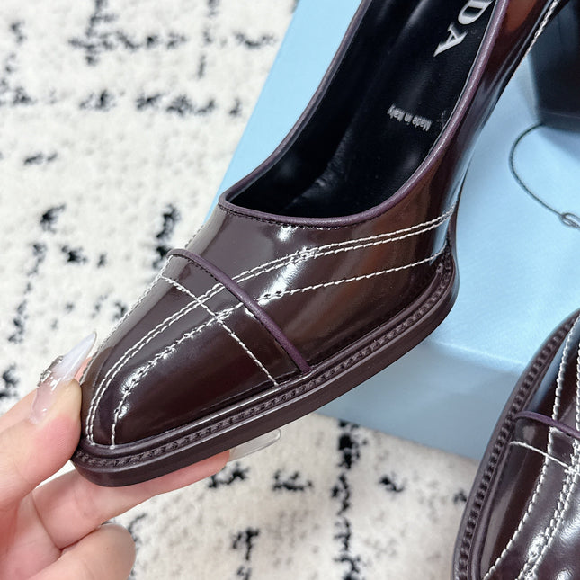 PRADA 26S BOWLING-STYLE HIGH HEELS 70MM IN DARK BROWN GLOSSY CALFSKIN