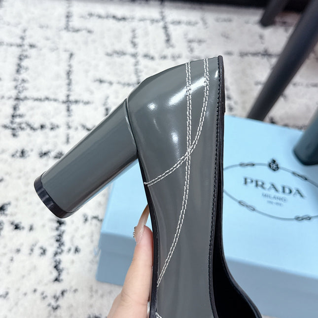PRADA 26S BOWLING-STYLE HIGH HEELS 70MM IN STEEL GRAY GLOSSY CALFSKIN