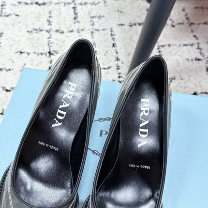 PRADA 26S BOWLING-STYLE HIGH HEELS 70MM IN STEEL GRAY GLOSSY CALFSKIN