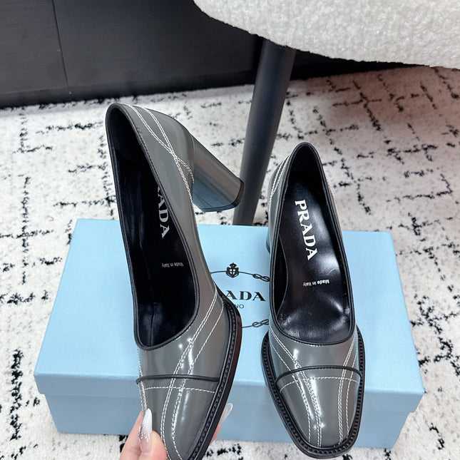 PRADA 26S BOWLING-STYLE HIGH HEELS 70MM IN STEEL GRAY GLOSSY CALFSKIN