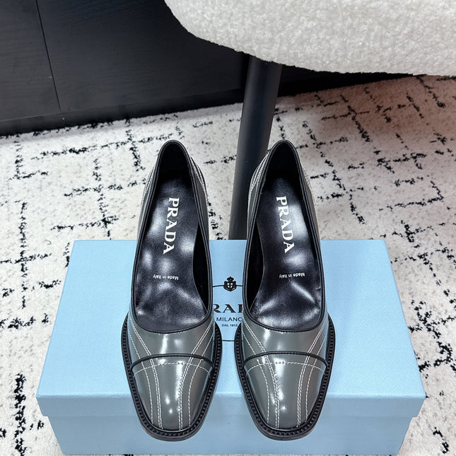 PRADA 26S BOWLING-STYLE HIGH HEELS 70MM IN STEEL GRAY GLOSSY CALFSKIN