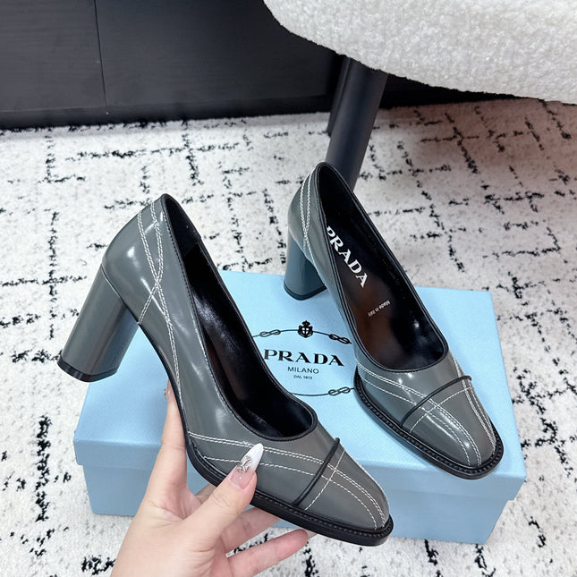PRADA 26S BOWLING-STYLE HIGH HEELS 70MM IN STEEL GRAY GLOSSY CALFSKIN