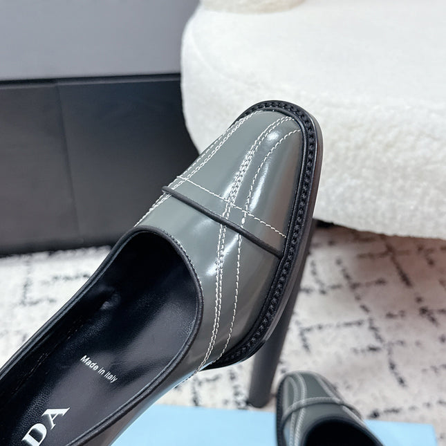PRADA 26S BOWLING-STYLE HIGH HEELS 70MM IN STEEL GRAY GLOSSY CALFSKIN