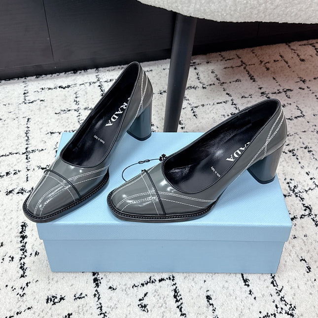PRADA 26S BOWLING-STYLE HIGH HEELS 70MM IN STEEL GRAY GLOSSY CALFSKIN