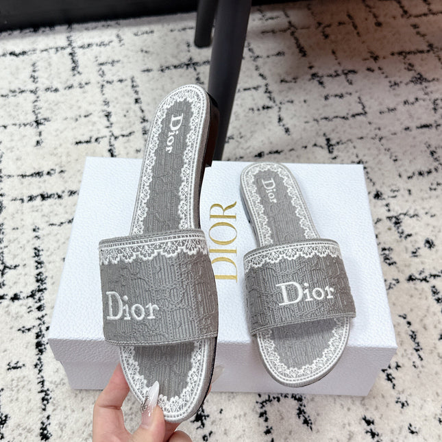 DIOR 26S SLIDES IN GREY EMBOSSED OBLIQUE LACE EMBROIDERY