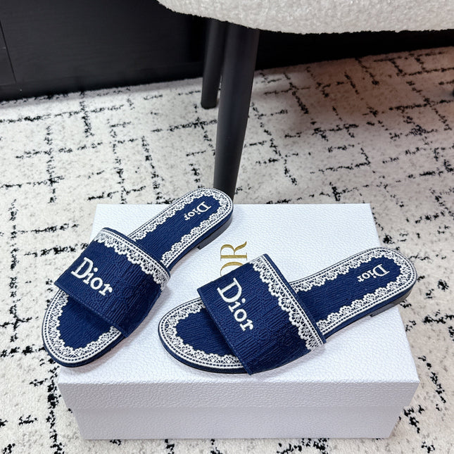 DIOR 26S SLIDES IN NAVY BLUE EMBOSSED OBLIQUE LACE EMBROIDERY