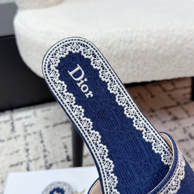 DIOR 26S SLIDES IN NAVY BLUE EMBOSSED OBLIQUE LACE EMBROIDERY