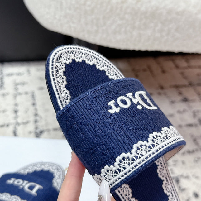 DIOR 26S SLIDES IN NAVY BLUE EMBOSSED OBLIQUE LACE EMBROIDERY