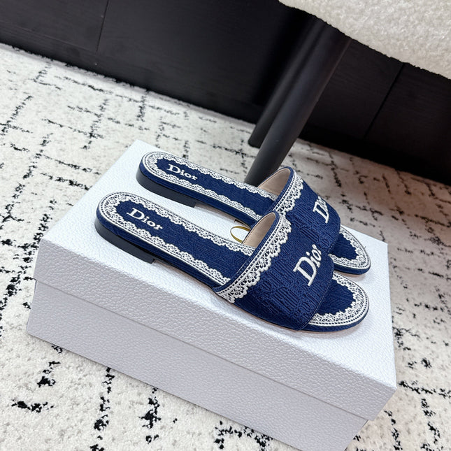 DIOR 26S SLIDES IN NAVY BLUE EMBOSSED OBLIQUE LACE EMBROIDERY