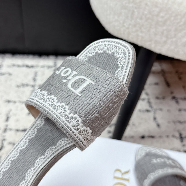 DIOR 26S HIGH HEEL SLIDES IN GREY EMBOSSED OBLIQUE LACE EMBROIDERY