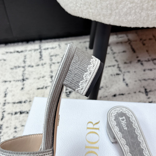DIOR 26S HIGH HEEL SLIDES IN GREY EMBOSSED OBLIQUE LACE EMBROIDERY