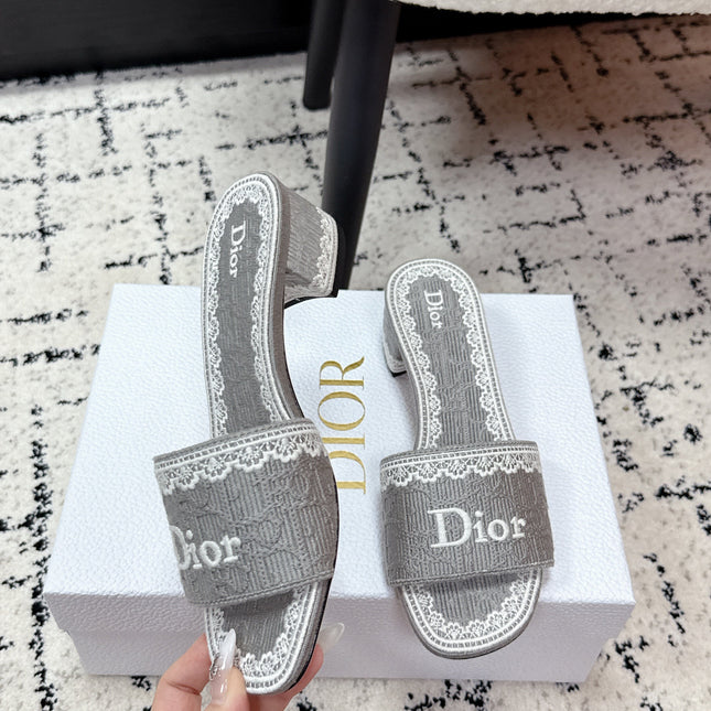 DIOR 26S HIGH HEEL SLIDES IN GREY EMBOSSED OBLIQUE LACE EMBROIDERY