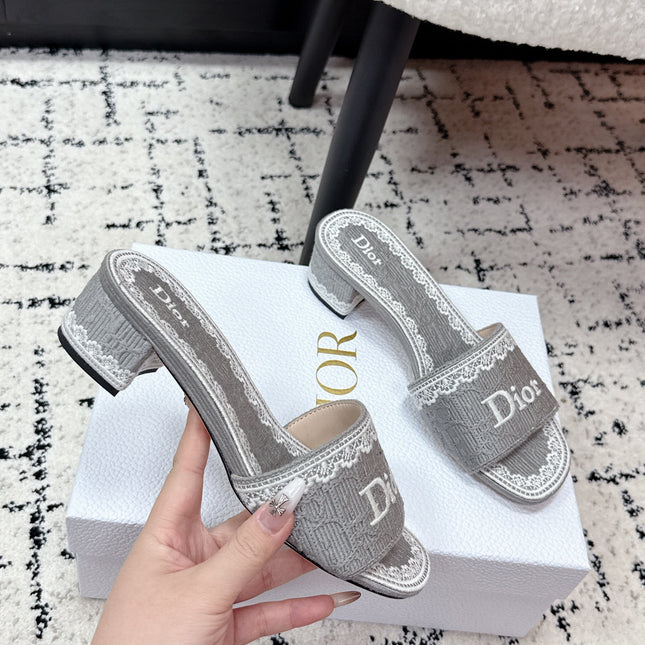 DIOR 26S HIGH HEEL SLIDES IN GREY EMBOSSED OBLIQUE LACE EMBROIDERY