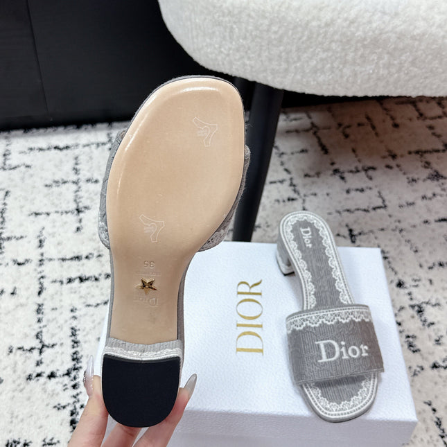DIOR 26S HIGH HEEL SLIDES IN GREY EMBOSSED OBLIQUE LACE EMBROIDERY