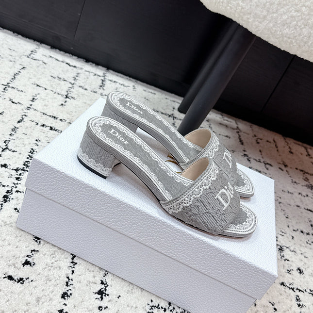 DIOR 26S HIGH HEEL SLIDES IN GREY EMBOSSED OBLIQUE LACE EMBROIDERY