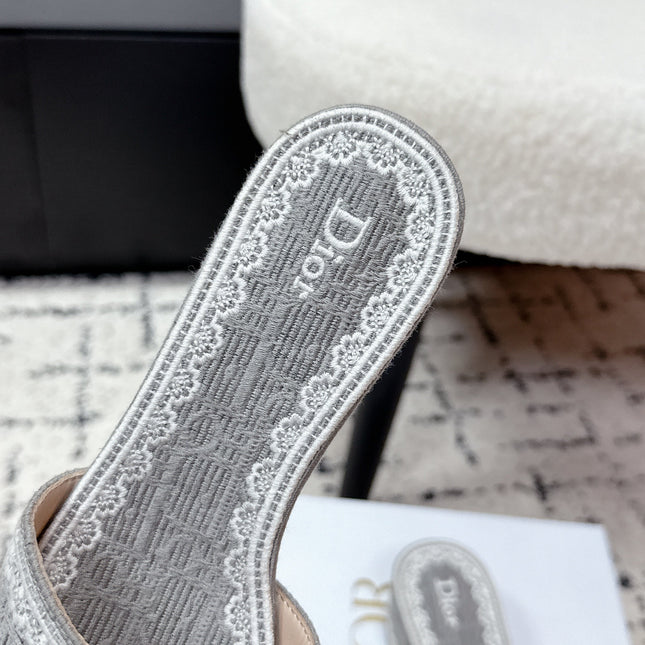 DIOR 26S HIGH HEEL SLIDES IN GREY EMBOSSED OBLIQUE LACE EMBROIDERY
