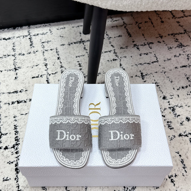 DIOR 26S HIGH HEEL SLIDES IN GREY EMBOSSED OBLIQUE LACE EMBROIDERY