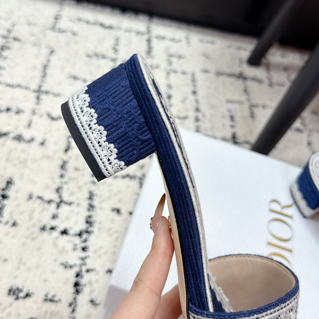 DIOR 26S HIGH HEEL SLIDES IN NAVY BLUE EMBOSSED OBLIQUE LACE EMBROIDERY