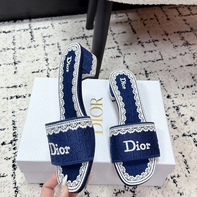 DIOR 26S HIGH HEEL SLIDES IN NAVY BLUE EMBOSSED OBLIQUE LACE EMBROIDERY