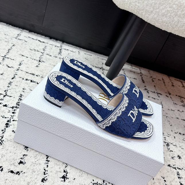 DIOR 26S HIGH HEEL SLIDES IN NAVY BLUE EMBOSSED OBLIQUE LACE EMBROIDERY