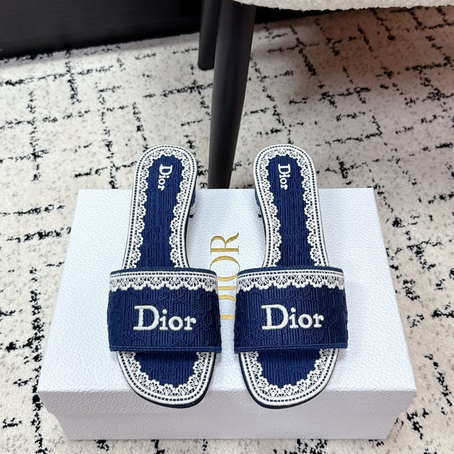 DIOR 26S HIGH HEEL SLIDES IN NAVY BLUE EMBOSSED OBLIQUE LACE EMBROIDERY