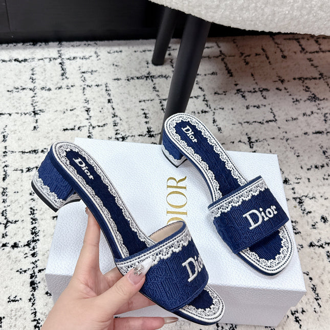 DIOR 26S HIGH HEEL SLIDES IN NAVY BLUE EMBOSSED OBLIQUE LACE EMBROIDERY
