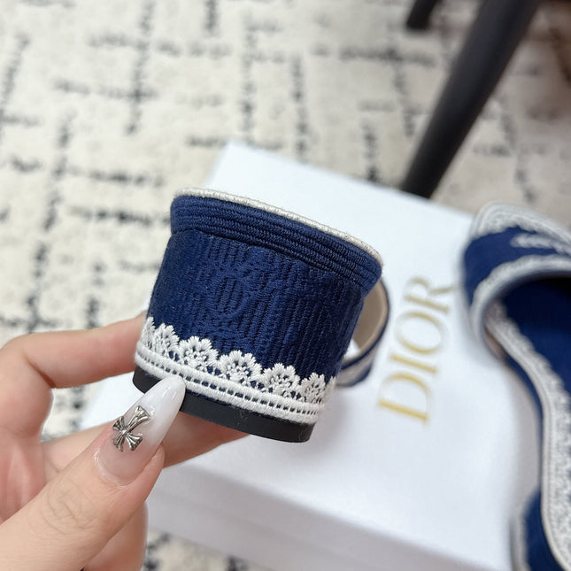 DIOR 26S HIGH HEEL SLIDES IN NAVY BLUE EMBOSSED OBLIQUE LACE EMBROIDERY