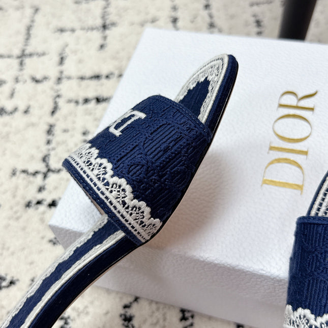 DIOR 26S HIGH HEEL SLIDES IN NAVY BLUE EMBOSSED OBLIQUE LACE EMBROIDERY