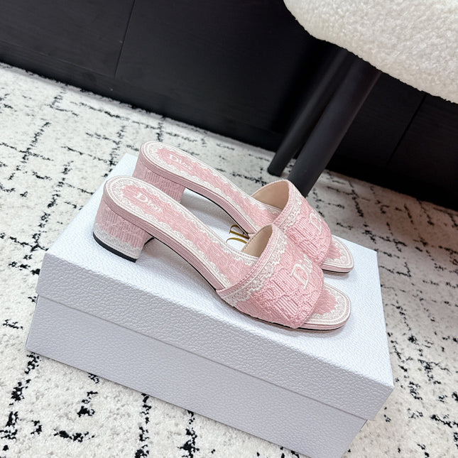 DIOR 26S HIGH HEEL SLIDES IN LIGHT PINK EMBOSSED OBLIQUE LACE EMBROIDERY
