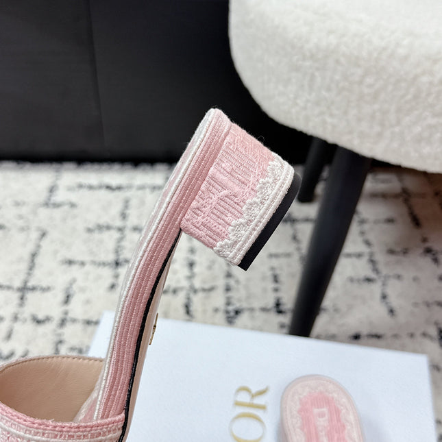 DIOR 26S HIGH HEEL SLIDES IN LIGHT PINK EMBOSSED OBLIQUE LACE EMBROIDERY