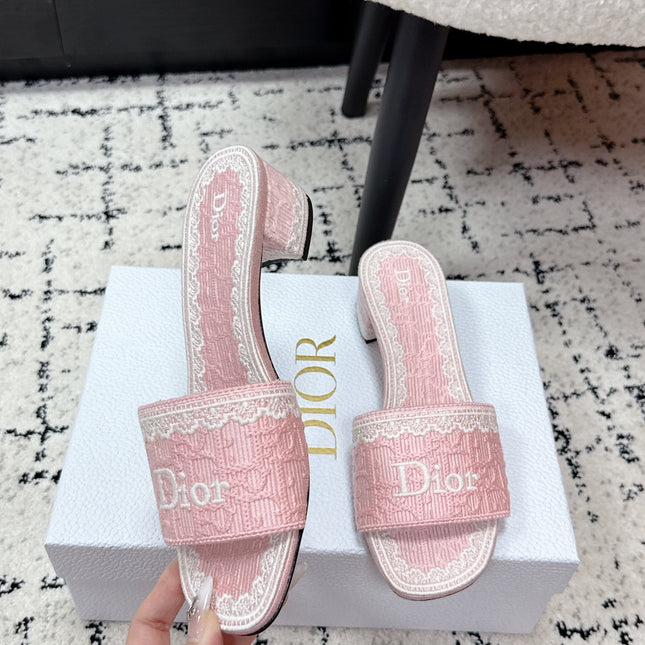 DIOR 26S HIGH HEEL SLIDES IN LIGHT PINK EMBOSSED OBLIQUE LACE EMBROIDERY