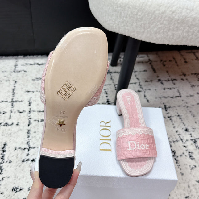 DIOR 26S HIGH HEEL SLIDES IN LIGHT PINK EMBOSSED OBLIQUE LACE EMBROIDERY