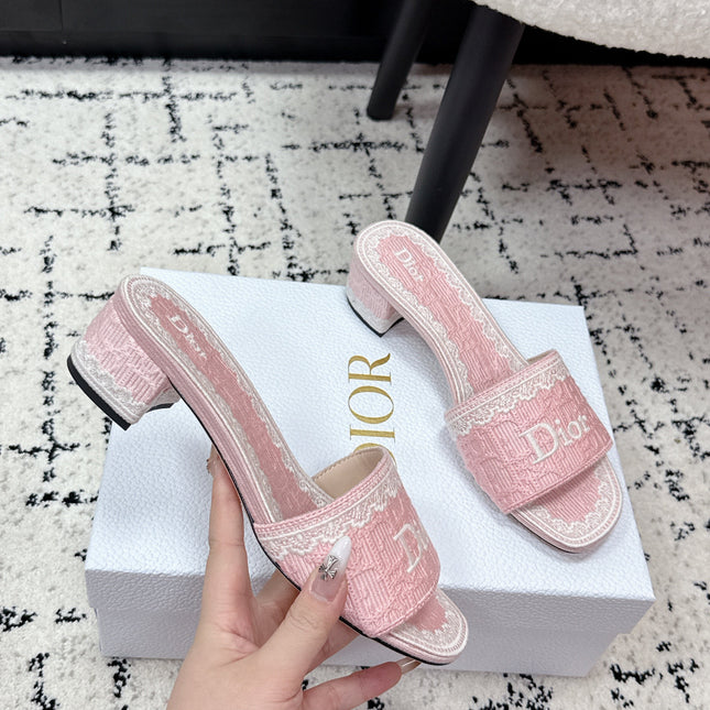 DIOR 26S HIGH HEEL SLIDES IN LIGHT PINK EMBOSSED OBLIQUE LACE EMBROIDERY