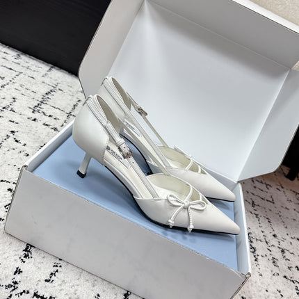 PRADA 26S POINTED-TOE HIGH HEELS 55MM IN WHITE CALFSKIN WITH BOW