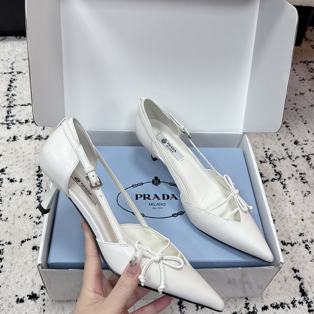 PRADA 26S POINTED-TOE HIGH HEELS 55MM IN WHITE CALFSKIN WITH BOW