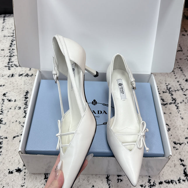 PRADA 26S POINTED-TOE HIGH HEELS 55MM IN WHITE CALFSKIN WITH BOW