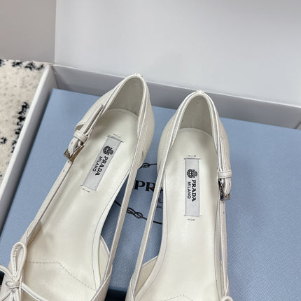 PRADA 26S POINTED-TOE HIGH HEELS 55MM IN WHITE CALFSKIN WITH BOW