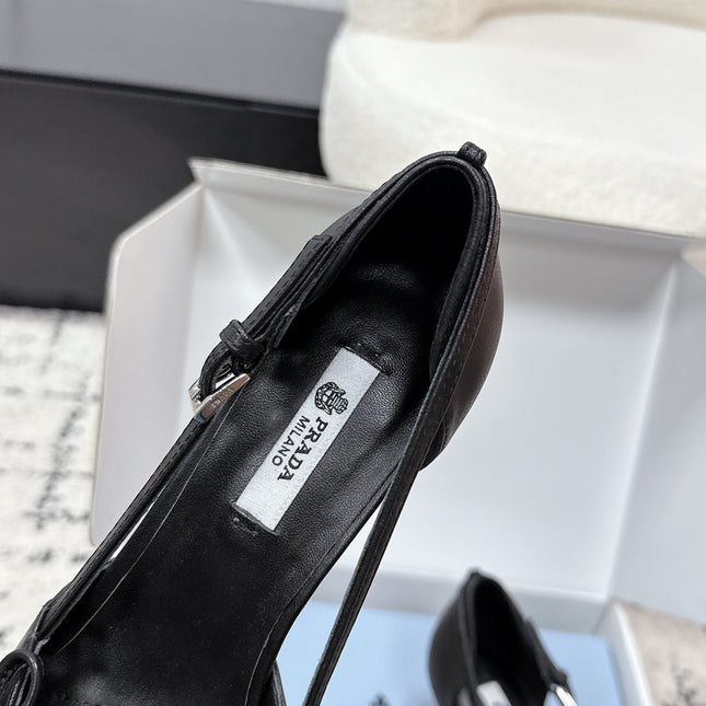 PRADA 26S POINTED-TOE HIGH HEELS 55MM IN BLACK CALFSKIN WITH BOW