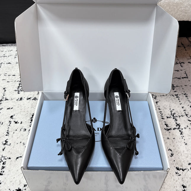 PRADA 26S POINTED-TOE HIGH HEELS 55MM IN BLACK CALFSKIN WITH BOW