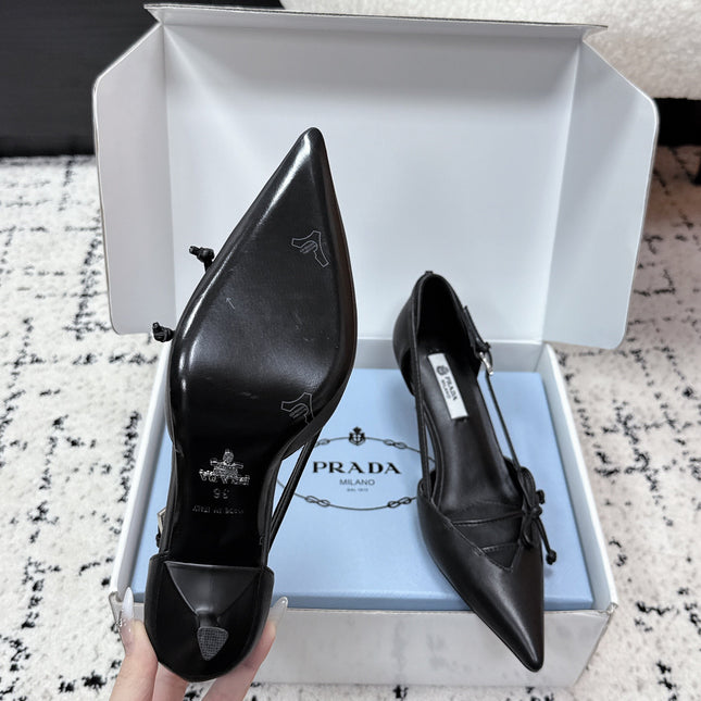 PRADA 26S POINTED-TOE HIGH HEELS 55MM IN BLACK CALFSKIN WITH BOW