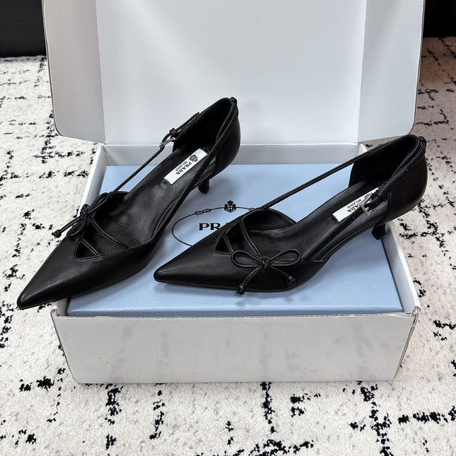 PRADA 26S POINTED-TOE HIGH HEELS 55MM IN BLACK CALFSKIN WITH BOW